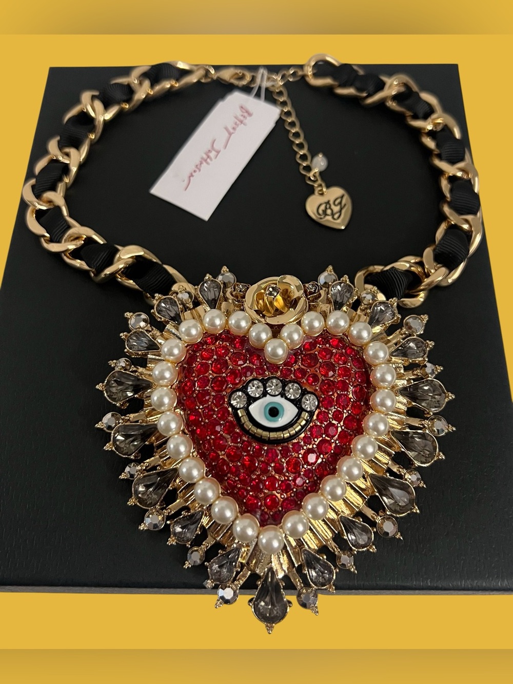 Betsey Johnson Red Crystal Evil Eye Heart Statement Necklace with Pearl Trim - Picture 3 of 16